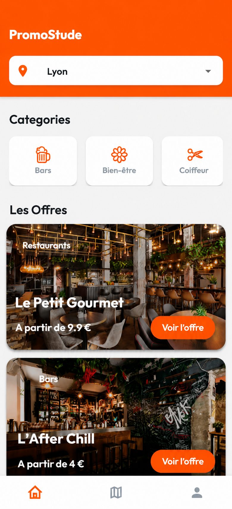 Écran d'accueil de l'application PromoStude avec les bons plans étudiants à Lyon